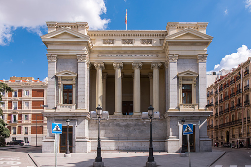 Front view of  El Casón del Buen Retiro (Prado´s Museum Study Centre) at Madrid city, Spain. It was built in 1637 and it is located near El Prado Museum and in front of Parque del Buen Retiro in the Jeronimos district in  central Madrid (Spain).