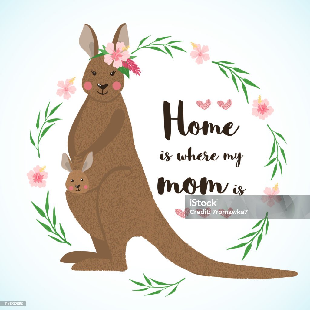 Hand drawn cute kangaroo with its baby Greeting card with cute kangaroo with its baby in hand drawn style. Australian animal. Design element for poster, banner, t-shirt print and other. Vector illustration. Illustration stock vector