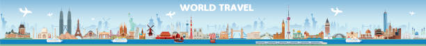 ilustraciones, imágenes clip art, dibujos animados e iconos de stock de world travel - travel locations illustrations