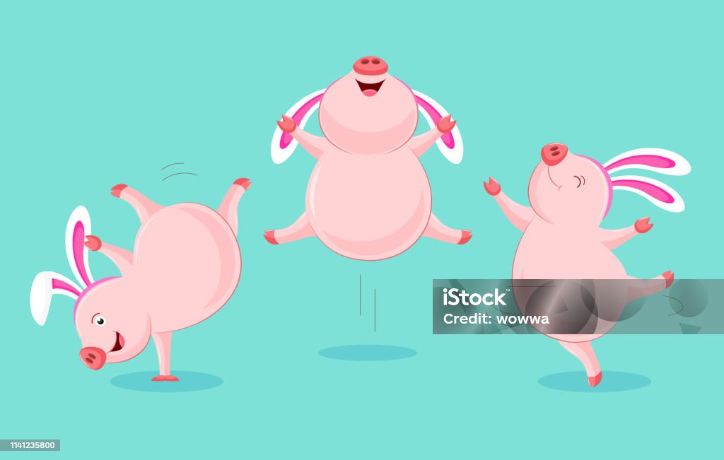 Set Of Funny Cute Cartoon Pig Dancing With Rabbit Ear Stock Illustration -  Download Image Now - iStock