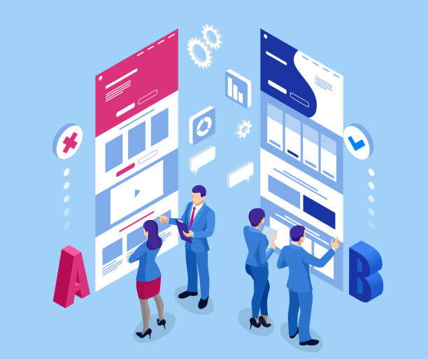 Isometric AB testing, comparison concept. Split Testing web page comparing. Isometric AB testing, comparison concept. Split Testing web page comparing advertising isometric stock illustrations