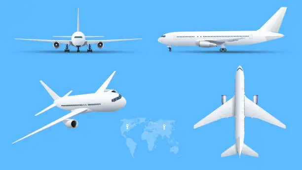 Vector illustration of Airplanes on blue background. Industrial blueprint of airplane. Airliner in top, side, front view. Flat style vector illustration.