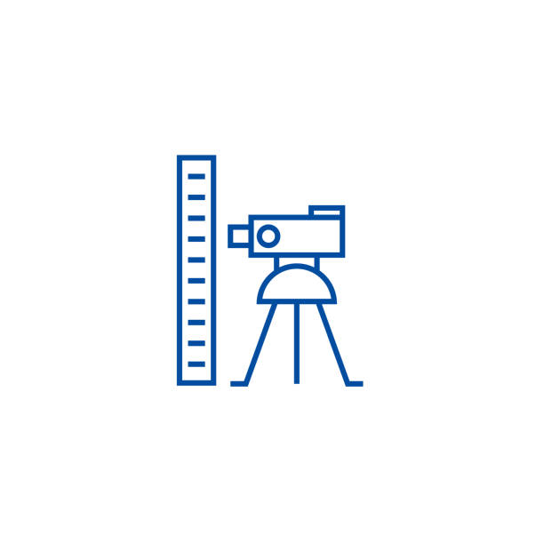 Theodolite survey calculation line icon concept. Theodolite survey calculation flat vector symbol, sign, outline illustration. Theodolite survey calculation line concept icon. Theodolite survey calculation flat vector website sign, outline symbol, illustration. tripod attack stock illustrations