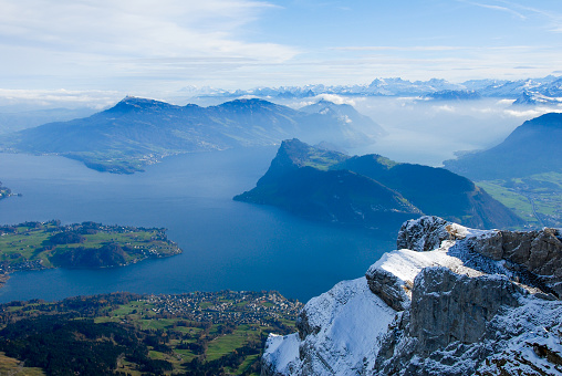 Landscape seen from the top of Mount Pilatus in autumn - Lake Lucerne, Canton of Obwalden / Nidwalden / Lucerne, Central Switzerland, Switzerland