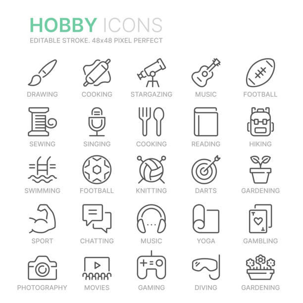 sammlung von hobbys line-icons. 48x48 pixel perfect. bearbeitbare schlaganfälle - hobbies stock-grafiken, -clipart, -cartoons und -symbole