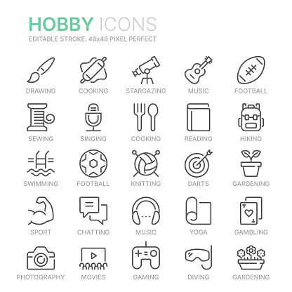 Collection of hobbies line icons. 48x48 Pixel Perfect. Editable stroke
