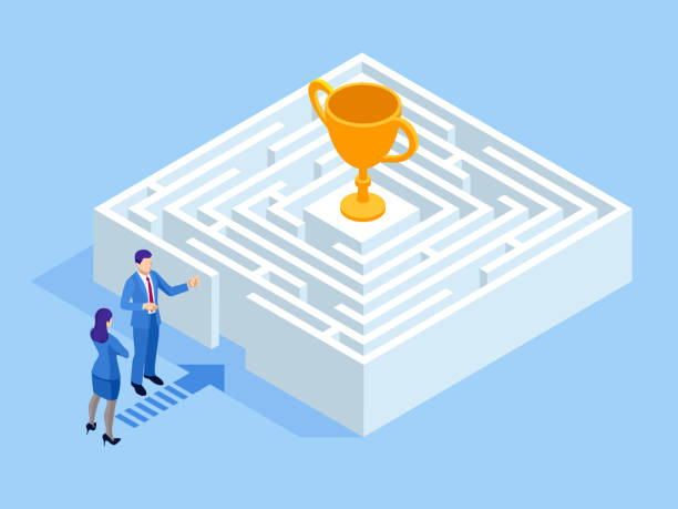 Isometric labyrinth business concept. Business team looking for solution in a maze. Challenge. Isometric labyrinth business concept. Business team looking for solution in a maze. Challenge free chore backgrounds stock illustrations