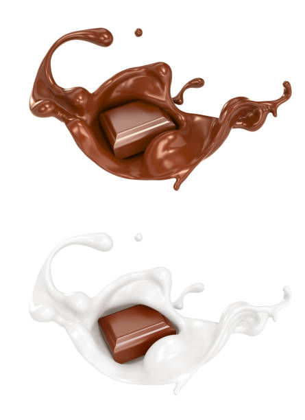 istock chocolate pieces falling on chocolate sauce and Milk cream splash. 1141238160