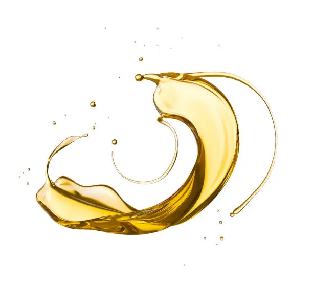 Photo of Olive or engine oil splash, cosmetic serum liquid isolated on white background.