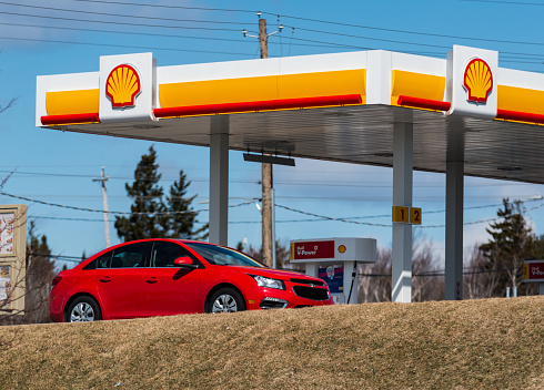 April 4, 2019 - Dartmouth, Canada - A Chevrolet Cruze at a Shell service station located in Dartmouth Crossing retail park.