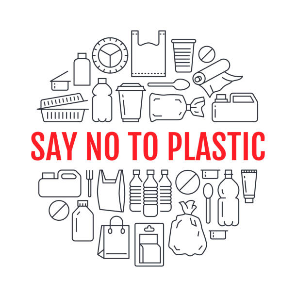 ilustrações de stock, clip art, desenhos animados e ícones de stop using plastic circle template with flat line icons. polyethylene pollution awareness vector illustration for poster. thin signs of plastics waste, bag, package, canister, bottle, food container - plate square square shape white