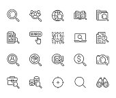 Data search flat line icons set. Magnify glass, find people, image zoom, database exploration, analysis vector illustrations. Thin signs for web engine. Pixel perfect 64x64. Editable Strokes