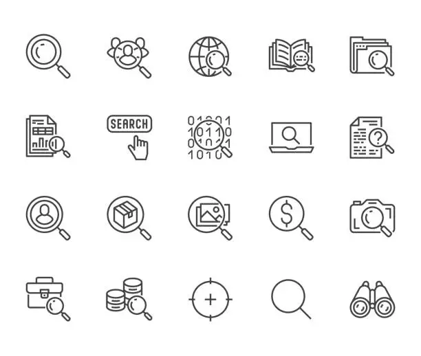 Vector illustration of Data search flat line icons set. Magnify glass, find people, image zoom, database exploration, analysis vector illustrations. Thin signs for web engine. Pixel perfect 64x64. Editable Strokes