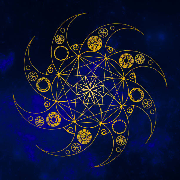 Golden Sacred Geometry Symbol A hand drawn sacred geometry styled symbol in gold against a galaxy like background. ninja stars drawing stock illustrations