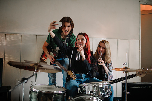Generation Z Music Band On Rehearsal Making Selfie.