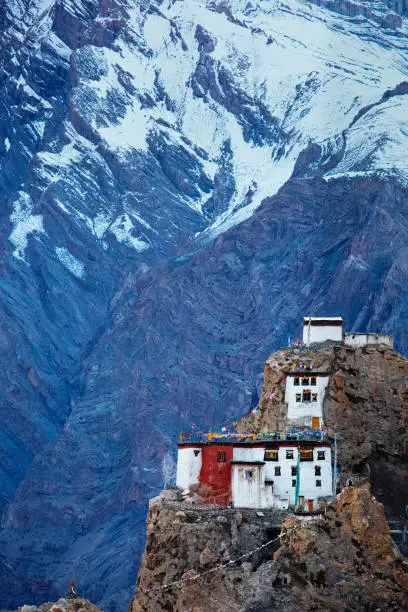 Dhankar monastry on a cliff. Spiti Valley, Himachal Pradesh, India