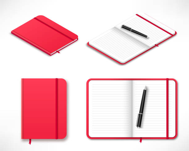 red moleskin notebook top and isometric Realistic red moleskin isolated on white background.Top view and isometric projection. Notebook with elastic band bookmark. Vector illustration moleskin stock illustrations