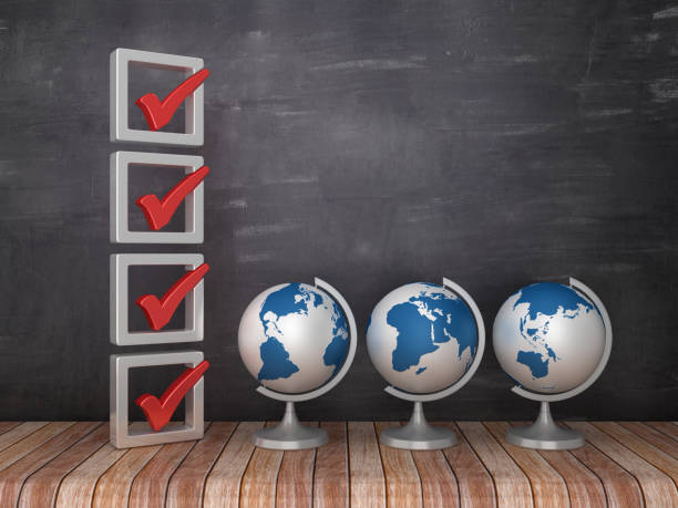 istock 3D Check List with Desktop Globes on Chalkboard Background - 3D Rendering 1141242783