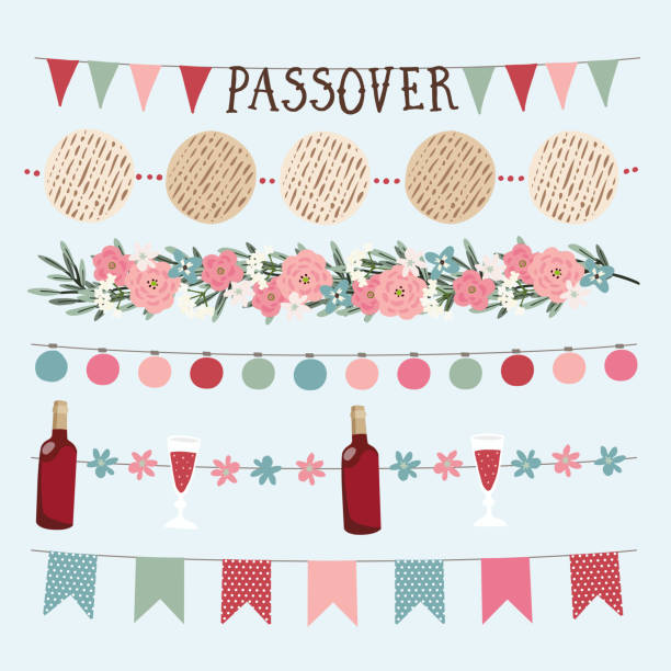 illustrazioni stock, clip art, cartoni animati e icone di tendenza di set di festa ebraica disegnata a mano pesach, ghirlande di pasqua con luci, bandiere di bunting festa. striscioni web disegnati a mano, bordi con bottiglia di vino, pane matzo, rami d'ulivo e fiori. - matzo passover cracker unleavened bread