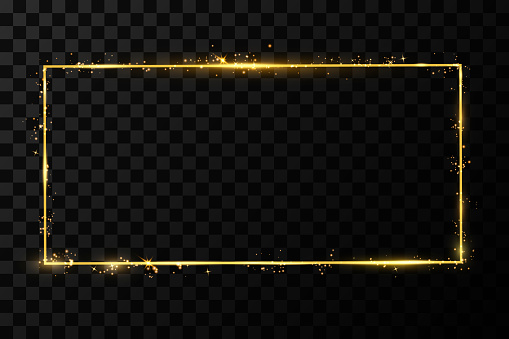 Vector golden frame with lights effects. Shining rectangle banner. Isolated on black transparent background. Vector illustration, eps 10