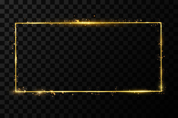 Vector golden frame with lights effects. Shining rectangle banner. Isolated on black transparent background. Vector illustration, eps 10. Vector golden frame with lights effects. Shining rectangle banner. Isolated on black transparent background. Vector illustration, eps 10 construction frame stock illustrations