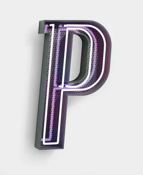 Neon Font with fluorescent color pattern. Letter P. Night Show Alphabet. 3d Rendering Isolated.