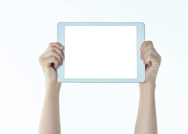 Woman hand holding a digital tablet on white background.