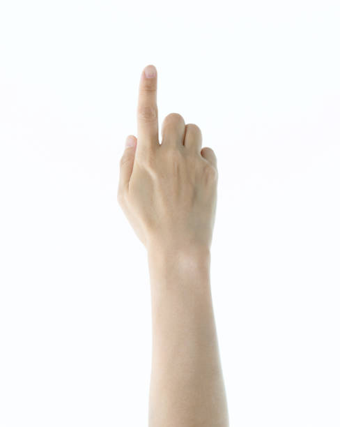 istock Woman hand pointing on white background 1141251741
