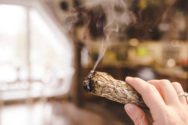 woman hand holding herb bundle of dried sage smudge stick smoking. it is believed to cleanse negative energy and purify living spaces at home in rooms. - burning incense imagens e fotografias de stock