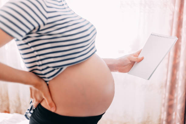 istock pregnant woman holding notebook, papers for notes, copy space 1141254346