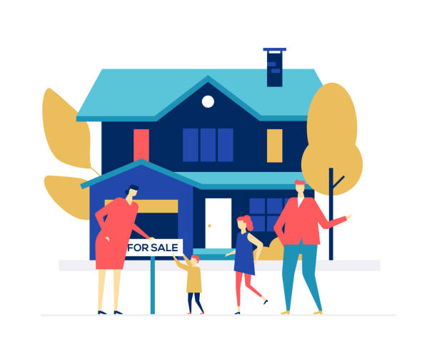 Real estate agency - colorful flat design style illustration Real estate agency - colorful flat design style illustration on white background. Bright composition with a family, parents and children standing in front of a nice cottage house with for sale sign selling illustrations stock illustrations