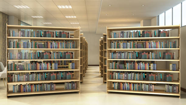 istock Library room bookshelves tables with chairs light library room 3d render 1141259131