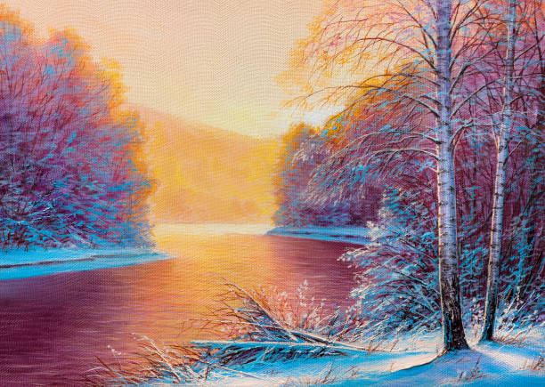 Winter forest with river Winter landscape with the river. Original oil painting. christmas oil painting stock illustrations