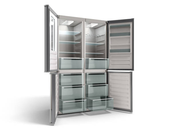 istock Empty Open Stainless steel modern refrigerator 3d illustration on white background 1141259747
