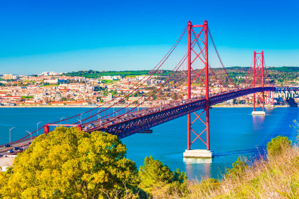 The 25th April Bridge (Ponte 25 de Abril) in Lisbon, Portugal. View from Almada stock photo