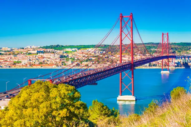 The 25th April Bridge (Ponte 25 de Abril) in Lisbon, Portugal. View from Almada.