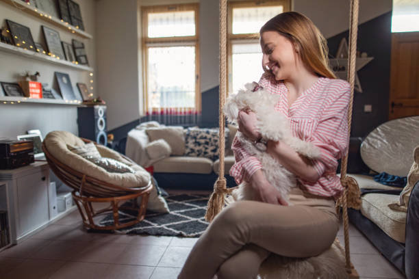 istock Happy girl swinging with her dog 1141261049
