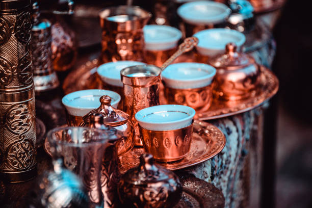 Traditional Islamic Ornate Coffee Set Traditional Islamic Ornate Coffee Set turkish coffee pot cezve stock pictures, royalty-free photos & images
