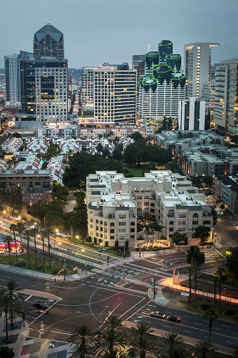 San Diego, California: Aerial vertical view of San Diego Downtown at dusk