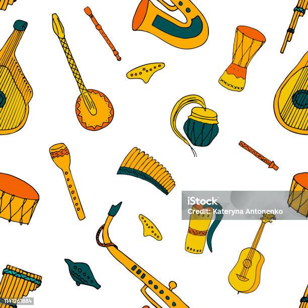 Seamless Pattern With Ethnic Musical Folk Instruments Flute Pan Recorder Violin String Instruments And Others Stock Illustration - Download Image Now