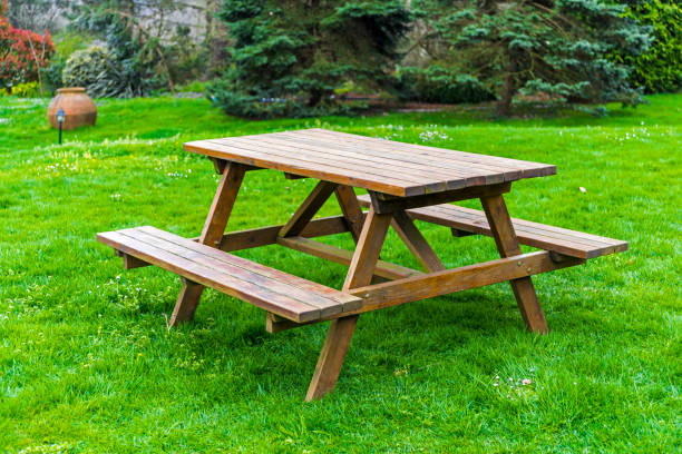istock Wooden picnic table and bench in garden 1141261905