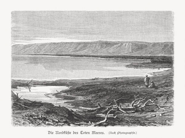 The north coast of the Dead Sea, woodcut, published 1897 The north coast of the Dead Sea. Wood engraving, published in 1897. dead sea stock illustrations