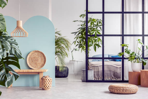 Urban jungle in open plan trendy apartment interior with mullions wall