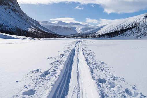 Cross-country ski trail in national park Sarek, Swedish Lapland. Sweden.