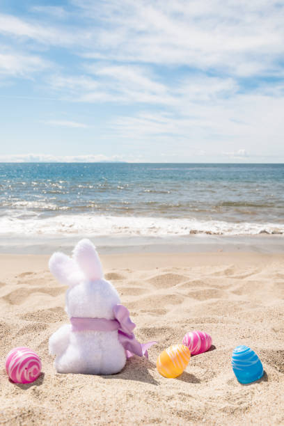 istock Easter bunny with color eggs on the ocean beach 1141267452