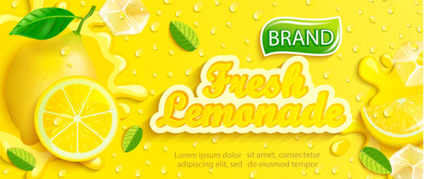 ilustraciones, imágenes clip art, dibujos animados e iconos de stock de banner de limonada fresca con limón, salpicadura, cartel con gotas apteitic - juicy