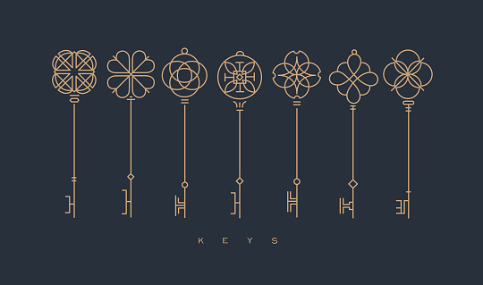 Set of key collection in modern line style drawing on gray background.