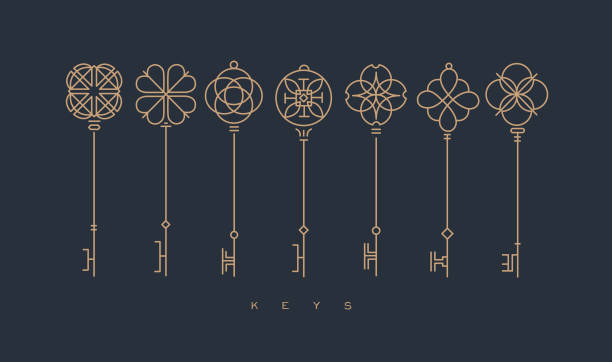 Modern graphic key collection gray Set of key collection in modern line style drawing on gray background. medieval illustrations stock illustrations
