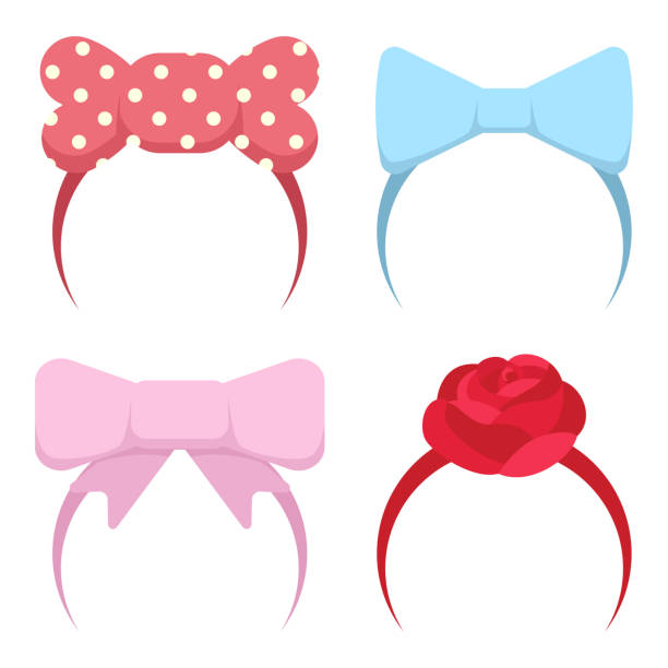 opaska z kokardką i kwiatem róży dla dziewczynek. wektor kreskówki płaskie ikony spinki do włosów dla dziecka izolowane na białym tle. - hair clip obrazy stock illustrations