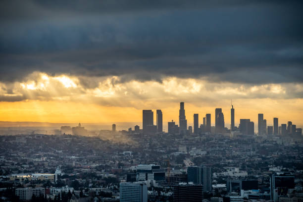 istock The Los Angeles Skyline at Sunrise 1141276210